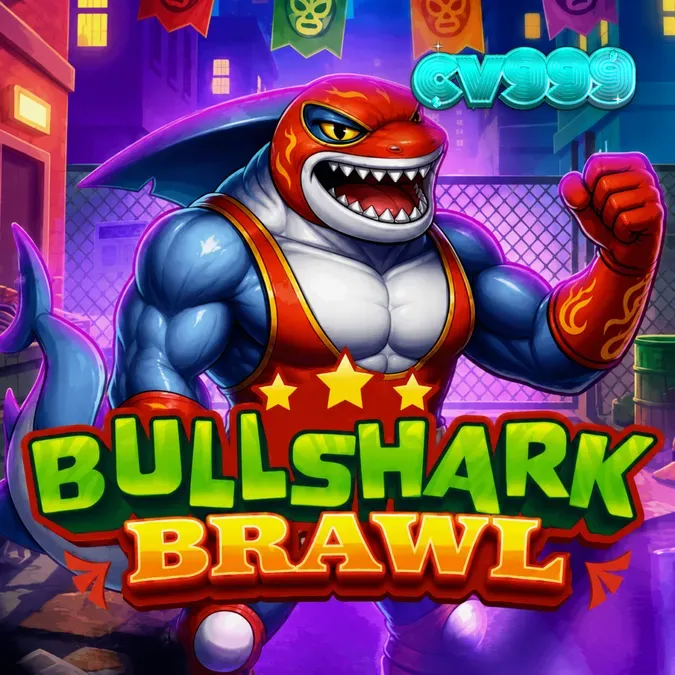 The vibrant and intense wrestling-themed interface of Bullshark Brawl featuring luchador sharks.